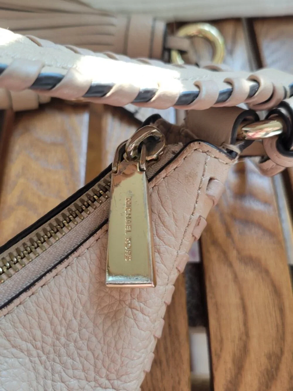 Michael Kors Lauryn Large Blush Beige Whipstitch Leather Shoulder Bag